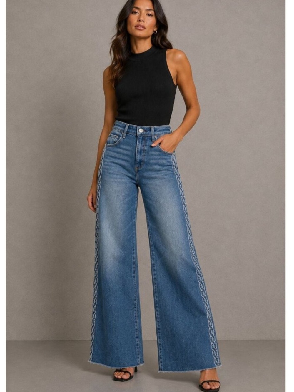 Driftwood Mona High Waist Wide Leg Jeans Womens 25 Braided Side Boho Denim
